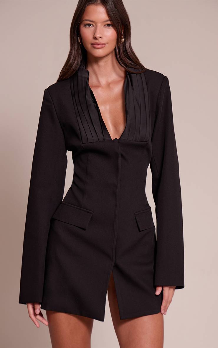 Noir Robe Blazer Tissée À Détail Plissé