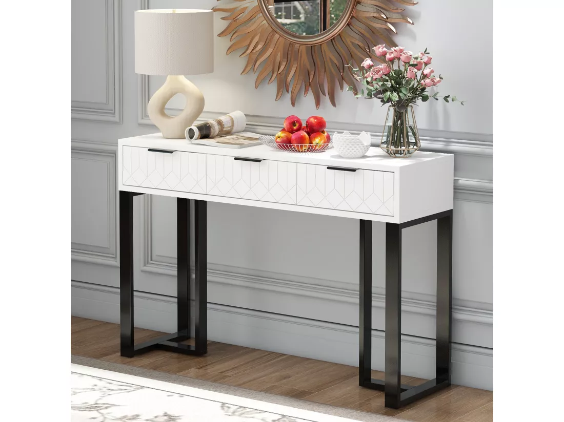 Table Console Moderne avec Tiroirs, Cadre Métallique Doré, Pieds Ajustables, Poignées Élégantes (Blanc + Noir)