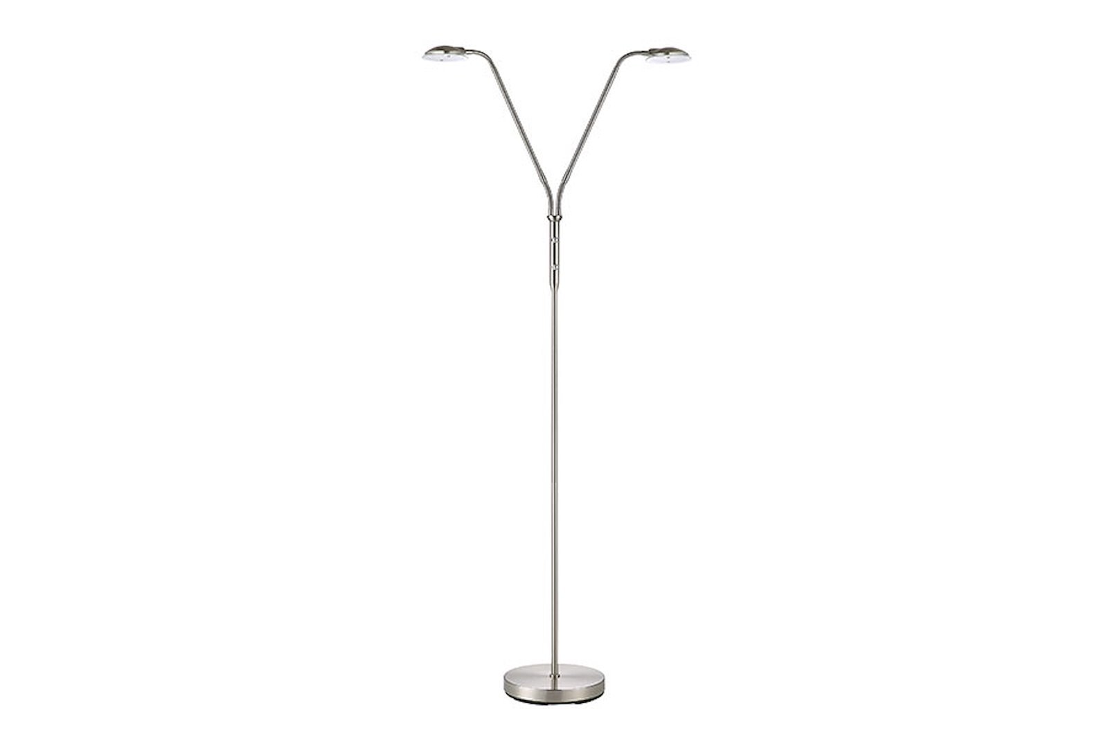 Cuba gulvlampe Børstet metall med to justerbare armer og hvite glasskjermer. Integrerte LED-pærer og to dimmere.