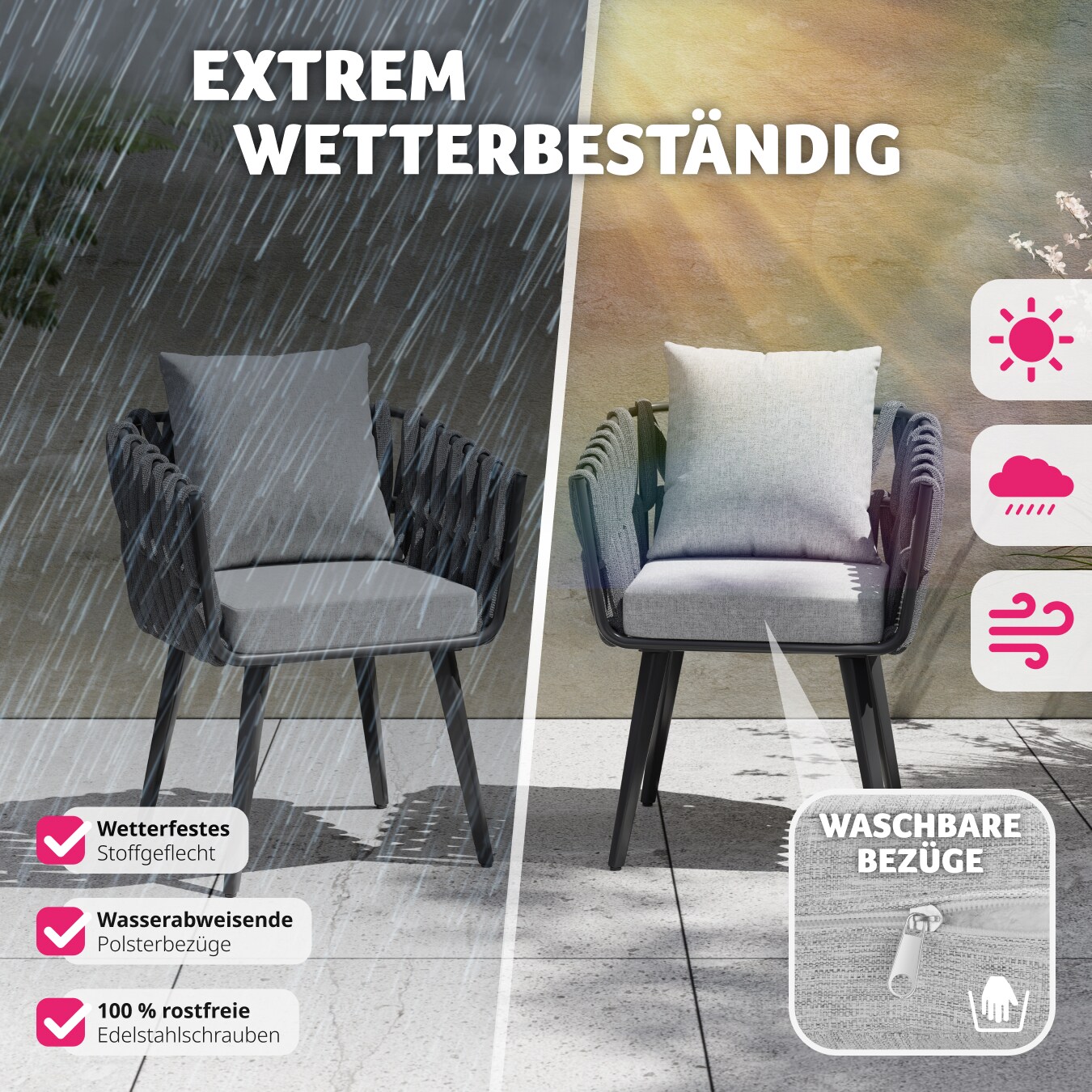 tectake® 2er Set Stuhl, mit Aluminiumgestellen, im Rope-Design, höhenverstellbare Kunststofffüße, 61 x 60 x 73 cm