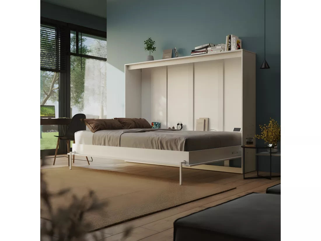 Armoire Lit escamotable 140x200cm Blanc Horizontal Lit Rabattable Lit Mural C*Adore