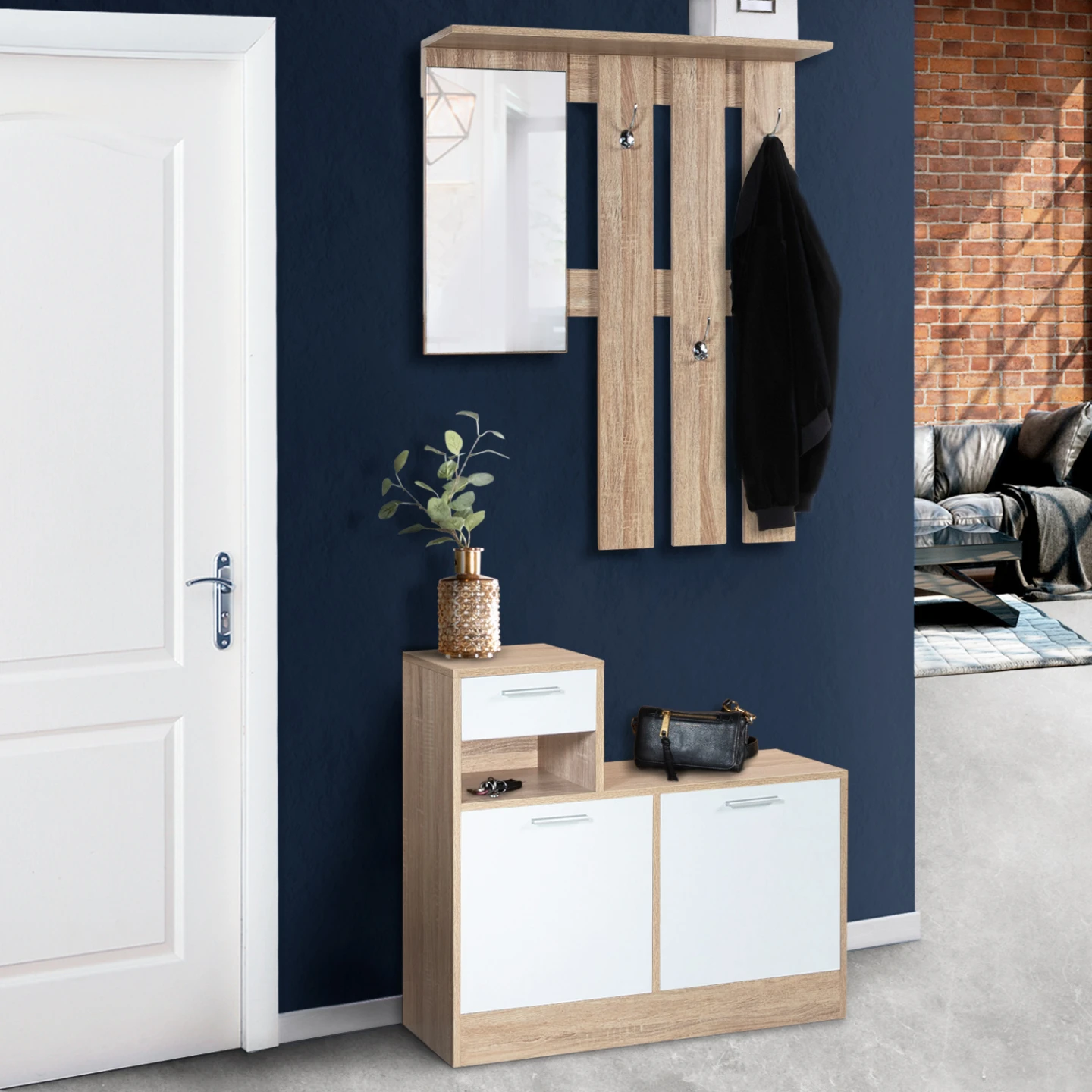 Vestiaire d'entrée avec miroir PAULIN design hêtre portes blanches
