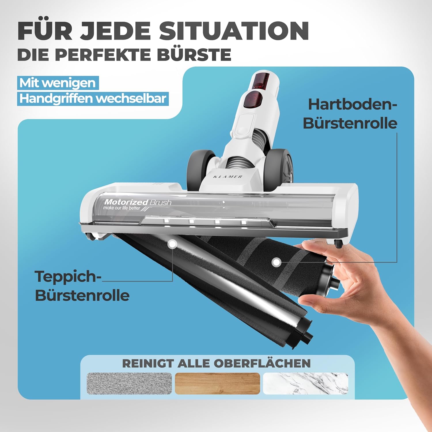 KLAMER Akku Staubsauger, 2-in-1 Staubsauger kabellos & Handstaubsauger, Akkulaufzeit bis 45 min, Akkustaubsauger mit HEPA Filter für Teppich, Auto & Hartböden