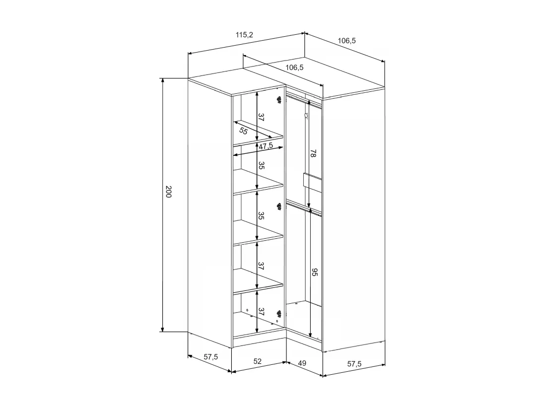 Armoire d'angle 6 portes et 3 tiroirs - Avec miroirs - L311 cm - Blanc + Réhausses - LIZANDRO