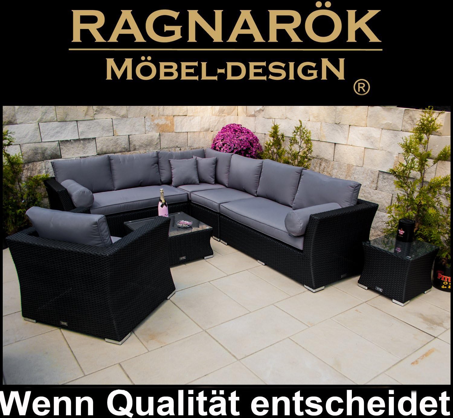 Ragnarök-Möbeldesign PolyRattan Lounge DEUTSCHE Marke - EIGENE Produktion - 8 Jahre GARANTIE auf UV Besträndigkeit SCHWARZ Gartenmöbel Aluminium