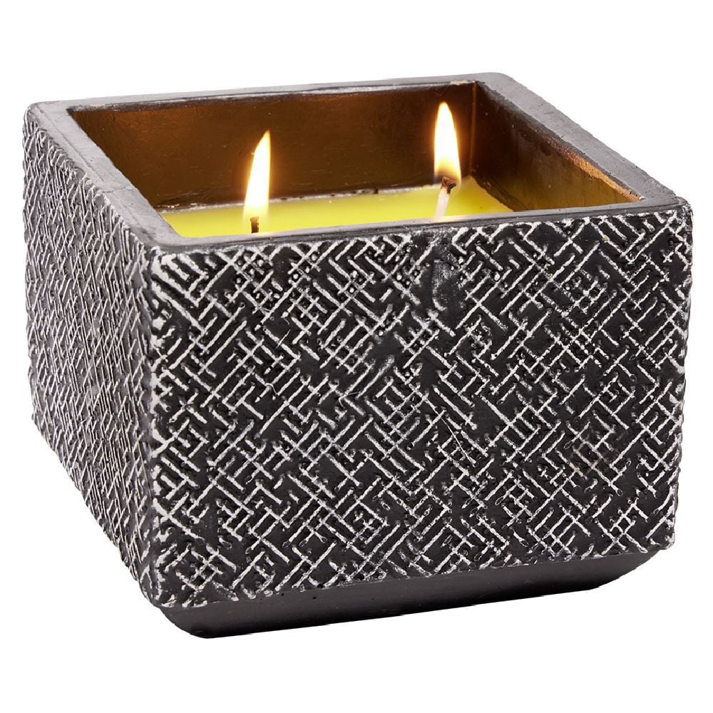 Bougie citronnelle pot ciment motif géométrique relief 22H 13x13xH10cm