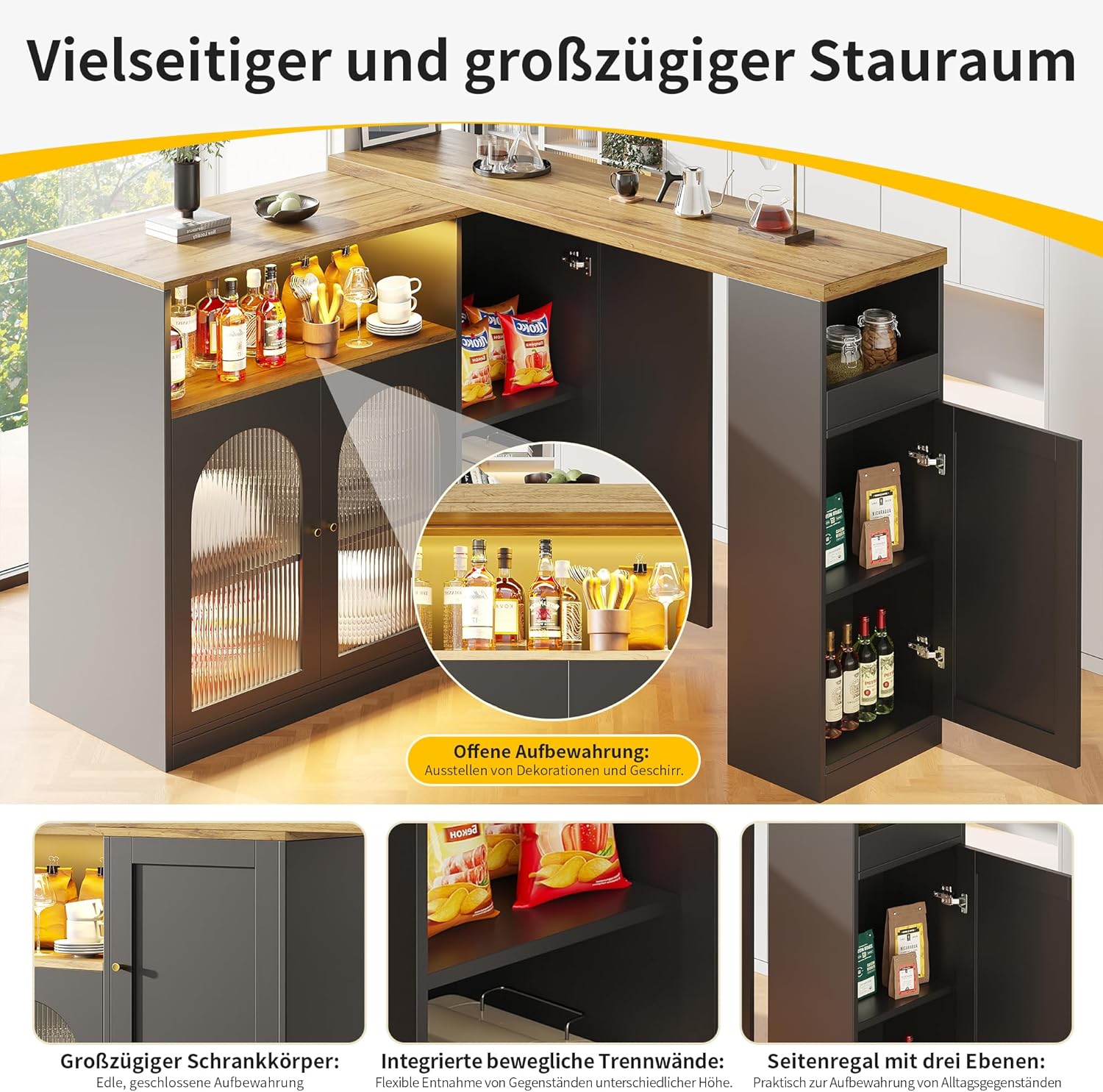 Um 360° drehbarer Bartisch (Hauptkörper: 198 x 39,6 x 97 cm), Mattschwarzer Schrank mit Schreibtisch in Holzmaserung, mit Changhong-Glasschranktür und LED-Licht, Sideboard