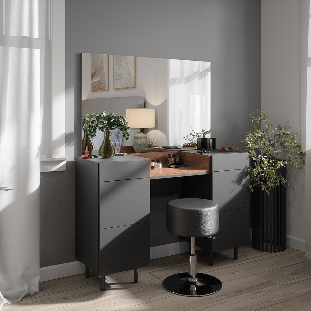 Vicco Schminktisch Anika mit Spiegel, Hocker, 120 x 80 cm, Anthrazit Walnussbraun, Schlafzimmer