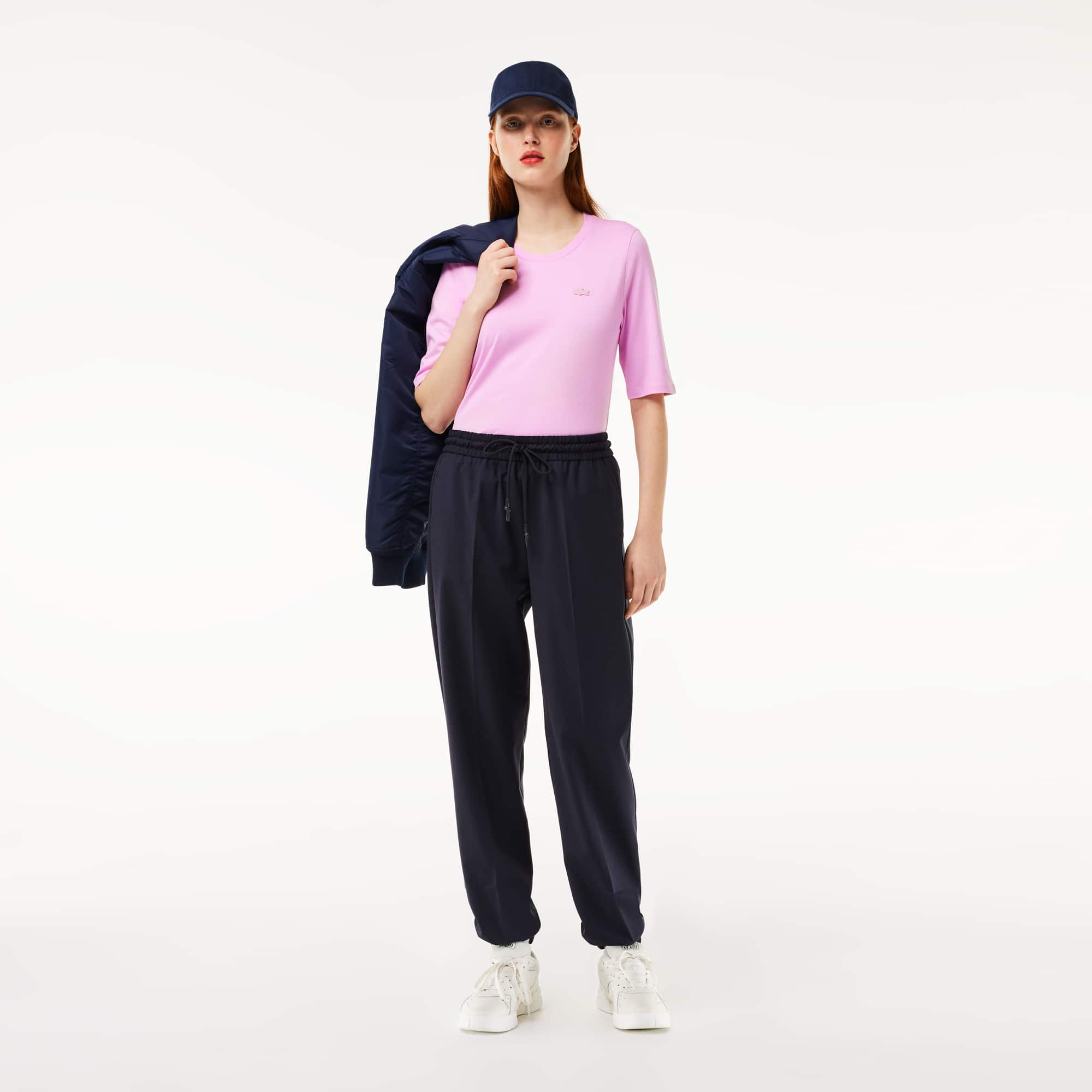 T-shirt à col rond et manches trois-quarts en coton uni T-Shirts - Rose - Lacoste - Femme