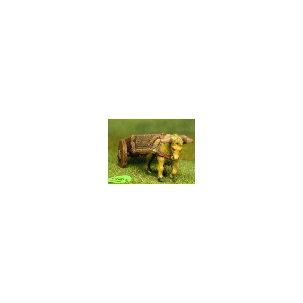 Two wheeled baggage wagon with oxen