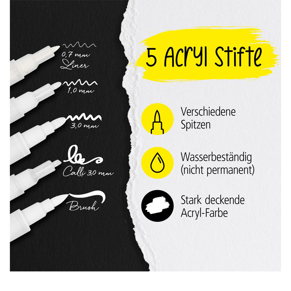 (5er Set) White Lettering Marker Wasserbeständige Acryl Brushpens Mal Stifte (18511) - Weiss