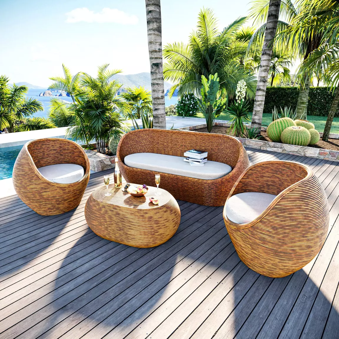 Salon de jardin en rotin 5 places Trinidad Naturel beige