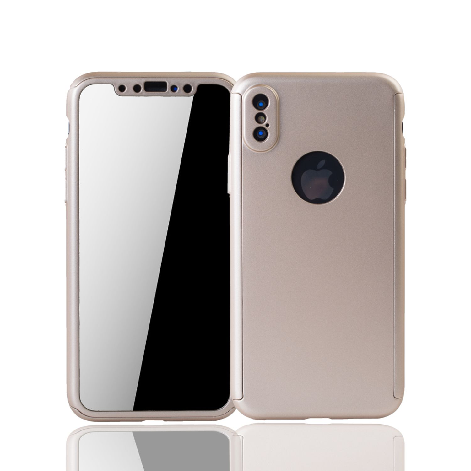 Hülle Handy Schutz für Apple iPhone XS Full Case Cover Displayschutz Bumper Gold