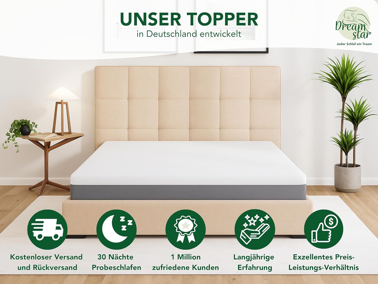 DREAMSTAR Komfort Topper 180x200 cm 7-Zonen | Visco Matratzentopper atmungsaktiv, rutschfest & waschbar | H 2 & H 3 (H2/H3) | Öko-TEX® | 7 cm hoch | 180 x 200cm