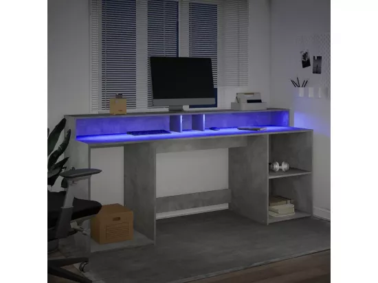 Bureau et lumières LED gris béton 200x55x91cm bois d'ingénierie