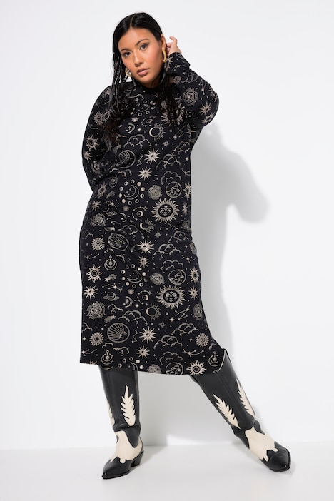 Jersey-Midikleid, A-Linie, Astro-Muster, Langarm