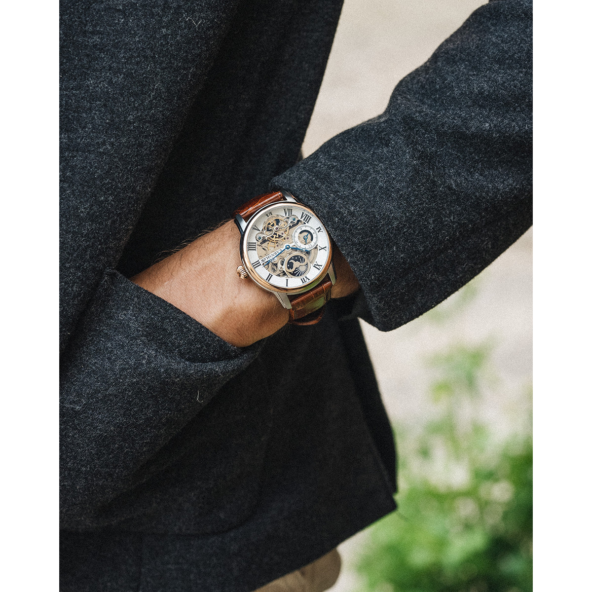 Montre EARNSHAW Longitude homme automatique acier bracelet cuir marron