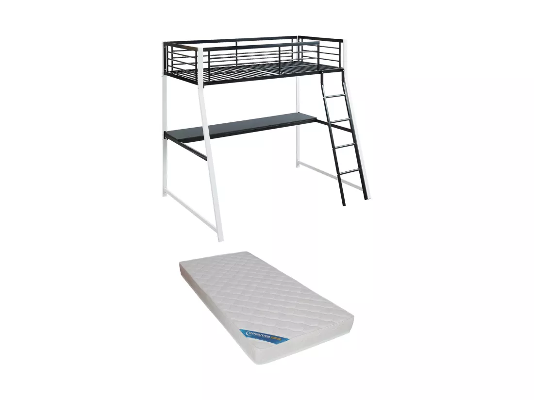 Lit mezzanine MALICIA - 90 x 190 cm - bureau intégré - Noir et blanc + matelas
