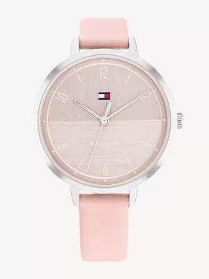Relógio com pulseira de couro rosa e aço inoxidável