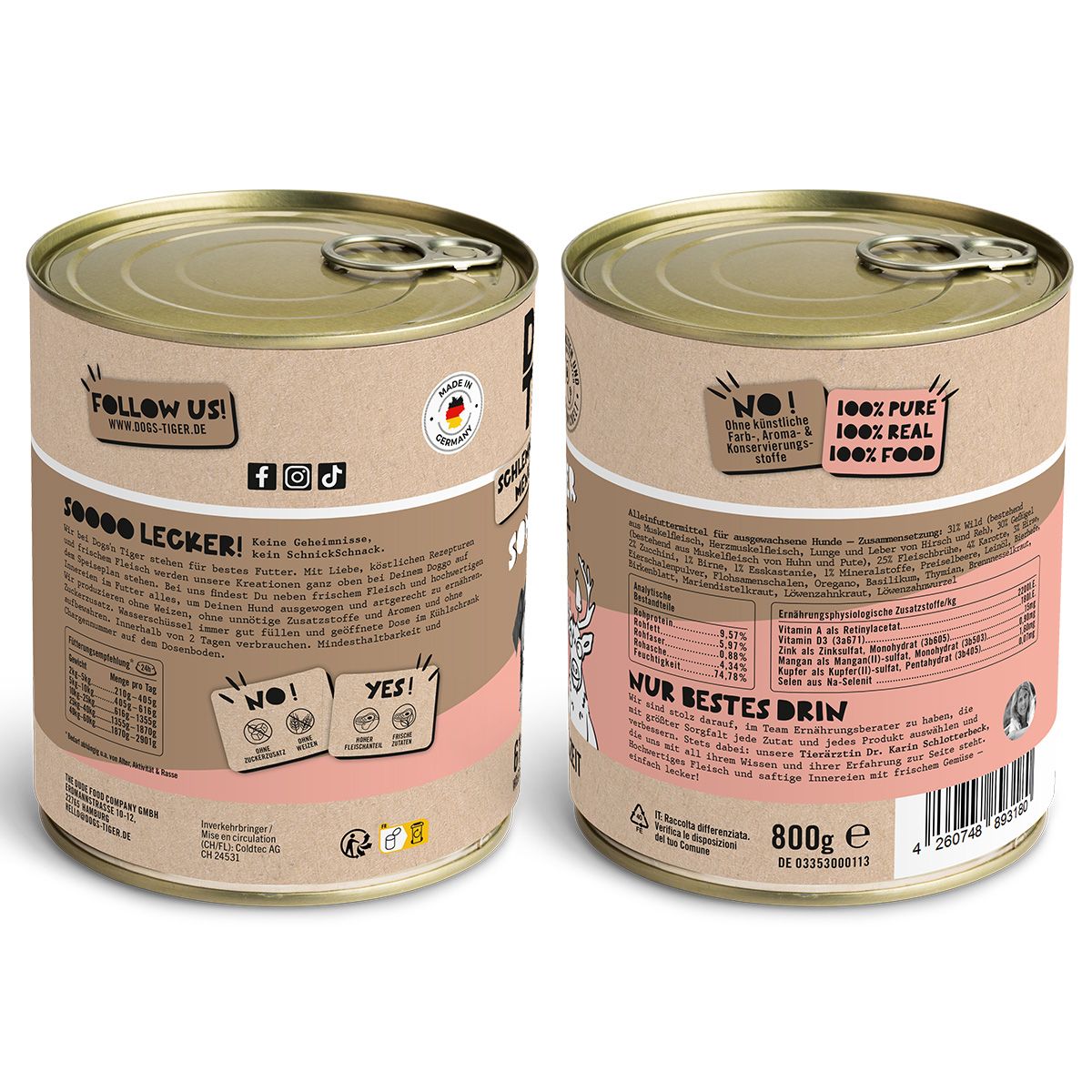 Dogs’n Tiger Adult Hundefutter, Sonntagsjäger, Hunde Nassfutter, Wild, Geflügel, Birne & Karotte