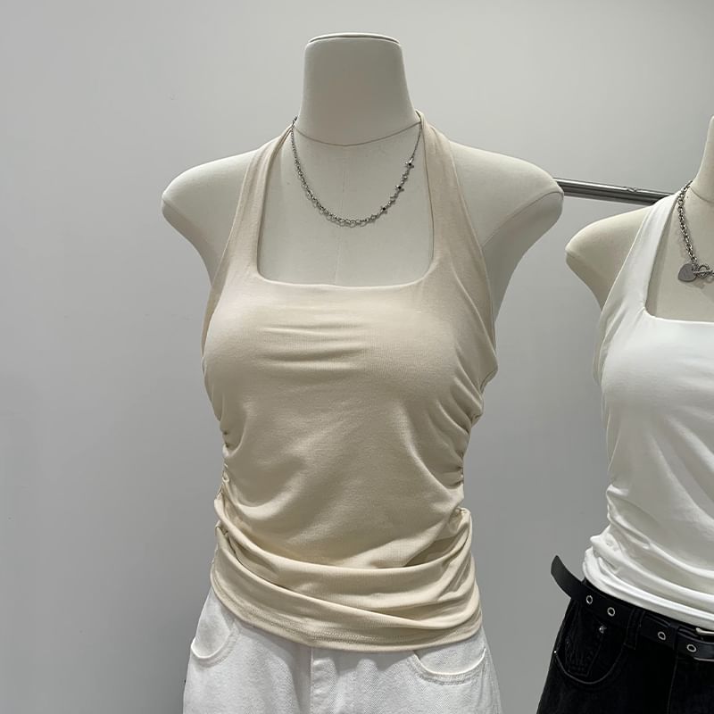 Only Here - Haltertop met vierkante hals, effen gerimpeld en open rug, cropped gebreide top