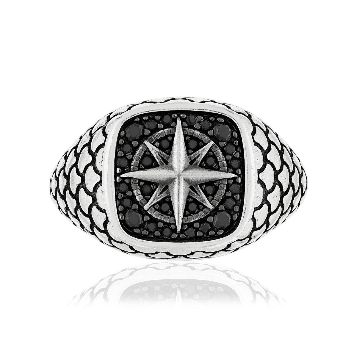 Bague argent 925 rose des vents spinelles noires