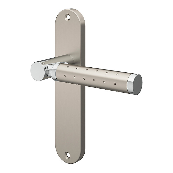 Ensemble poignée sur plaque rond GoodHome Brigg effet chrome et nickel satin gris L.132mm x l.40mm entraxe 165mm