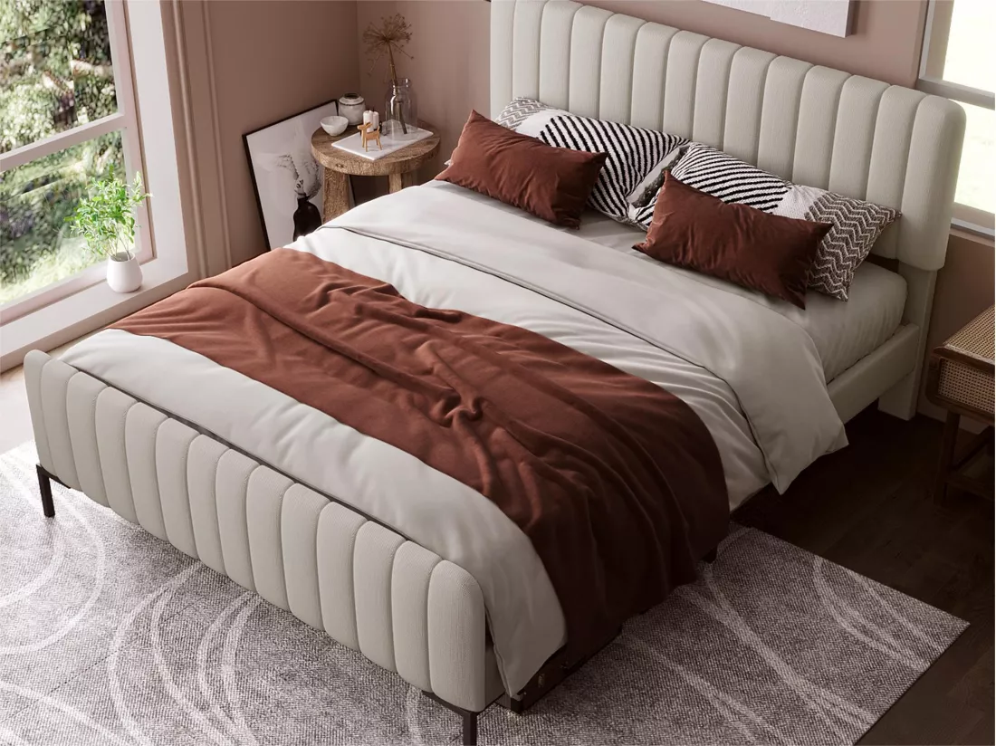Lit adulte rembourré en tissu lin - 140x200 cm - avec tête de lit réglable et sommier à lattes - Gris clair