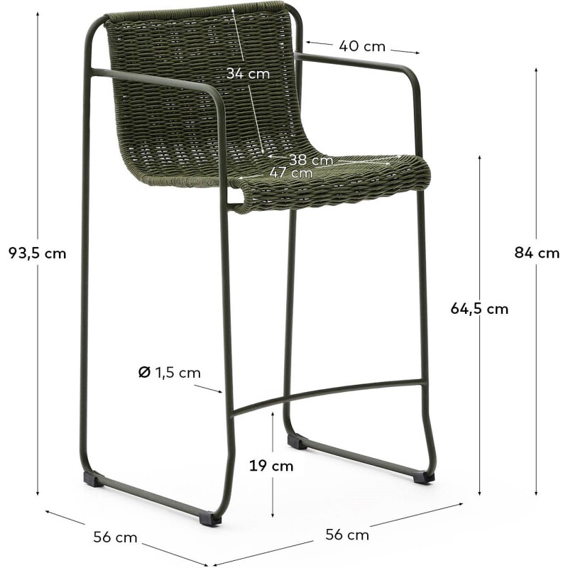 Tabouret Maurina en acier galvanisé vert et corde verte 64,5 cm