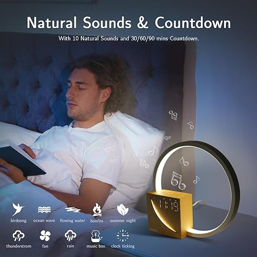 (Ø23cm) Wake Up Licht USB Wecker Dimmbares Touch Control Nachtlicht mit Natur Geräuschen   Schlummer Funktion - Weiss / Braun