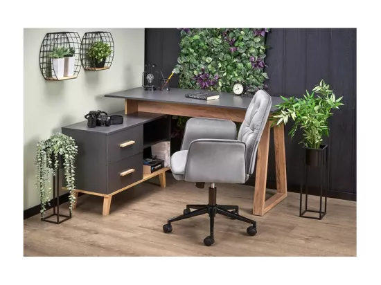 Bureau d'angle anthracite et bois 2 tiroirs 2 niches Vitim XL