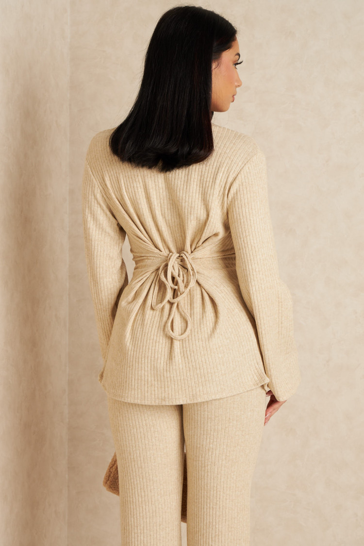 Ensemble 2 pièces ajustable ficelle dans le dos pull + pantalon beige