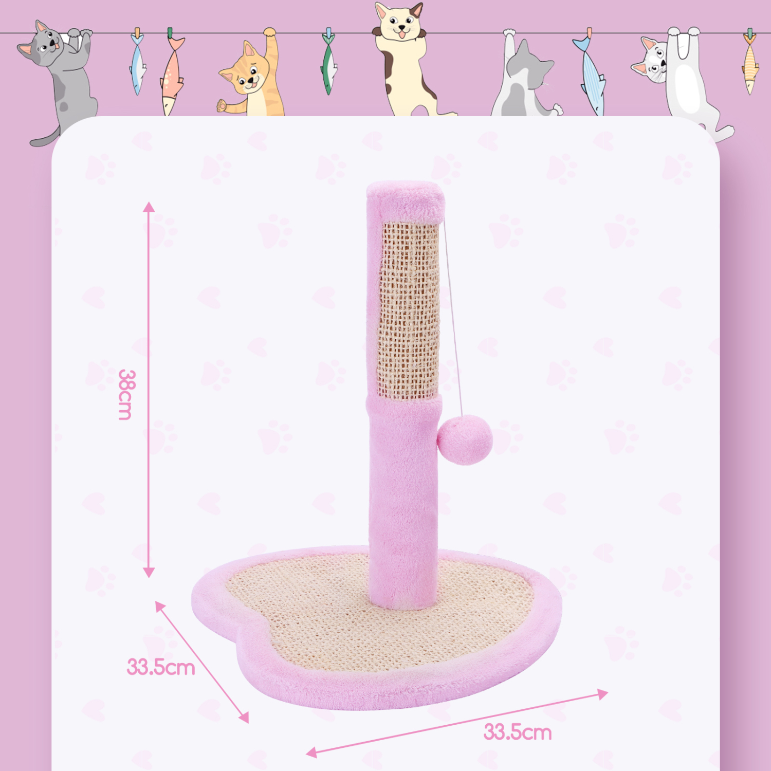 Arranhador para Gatos Nobleza em Sisal Natural com Bola, 33,5 x 33,5 x 38 cm, Rosa
