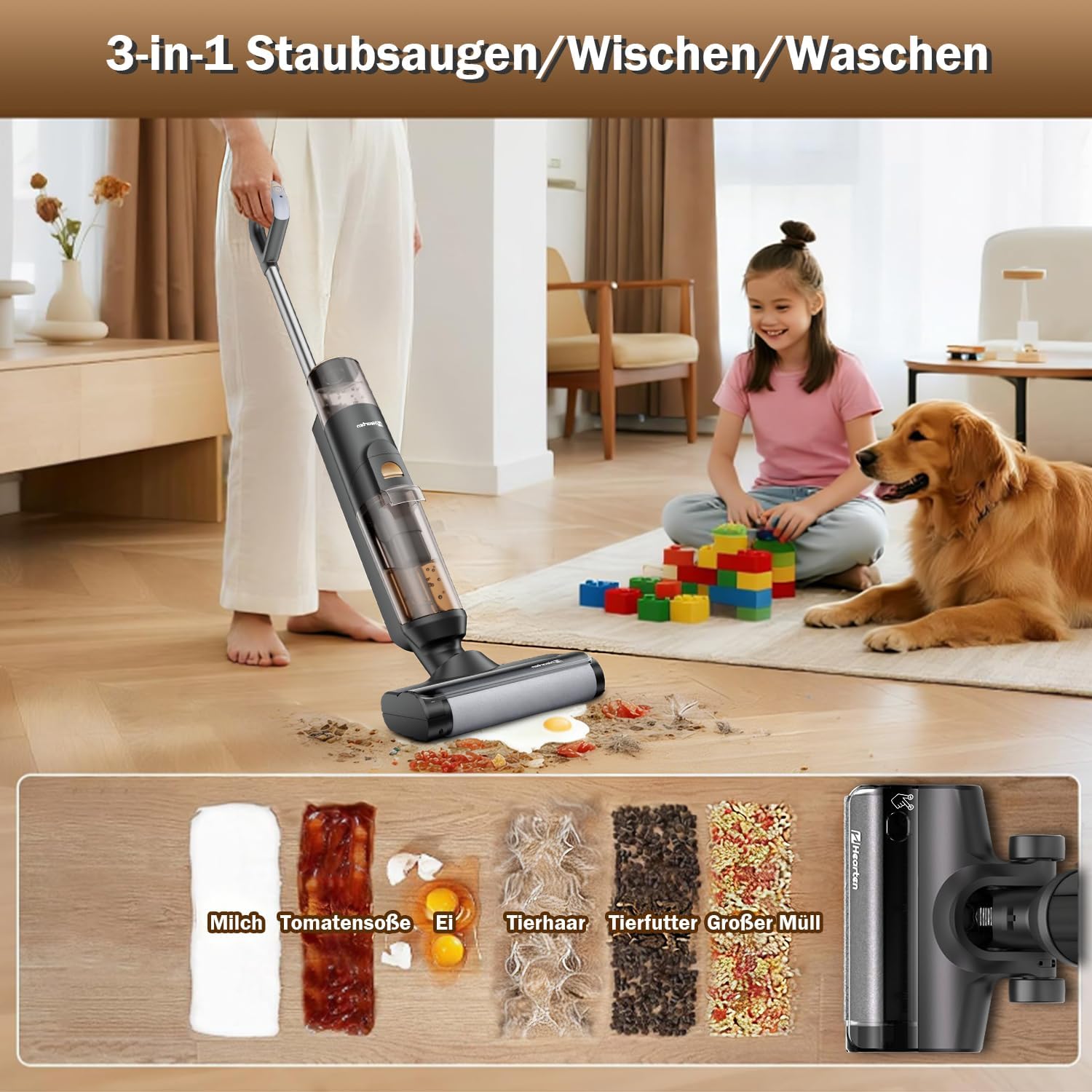 Hearten Nass Trockensauger Akku,Saugwischer Kabellos,Selbstreinigung/Leichtes Kabelloses/Anti-Verwicklungs LED-Display,Wet Dry Vacuum für Hartböden sowie Haushalte mit Haustieren und Kindern