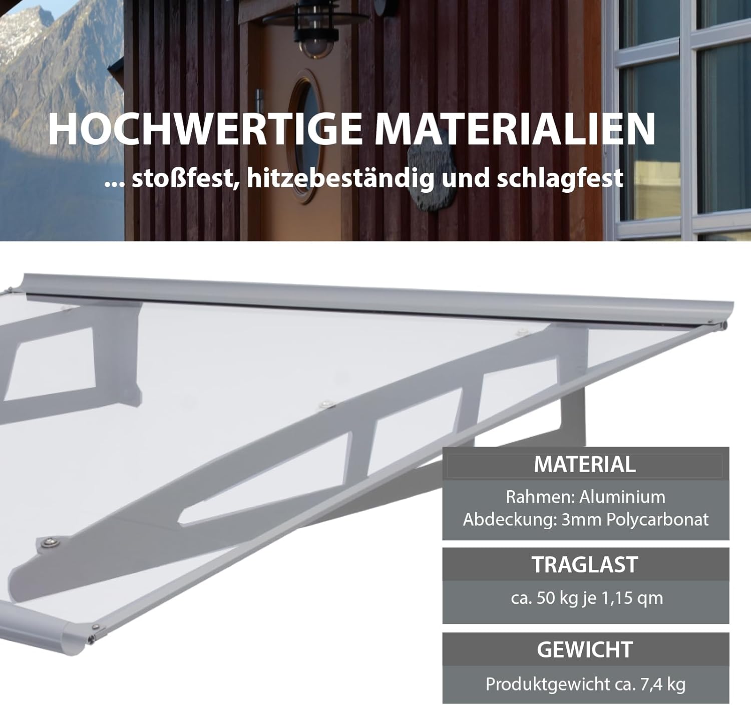 TRUTZHOLM Vordach für Haustür aus Aluminium und Polycarbonat 115 x 100 cm Haustürvordach Pultvordach Türdach Türvordach Haustür Dach