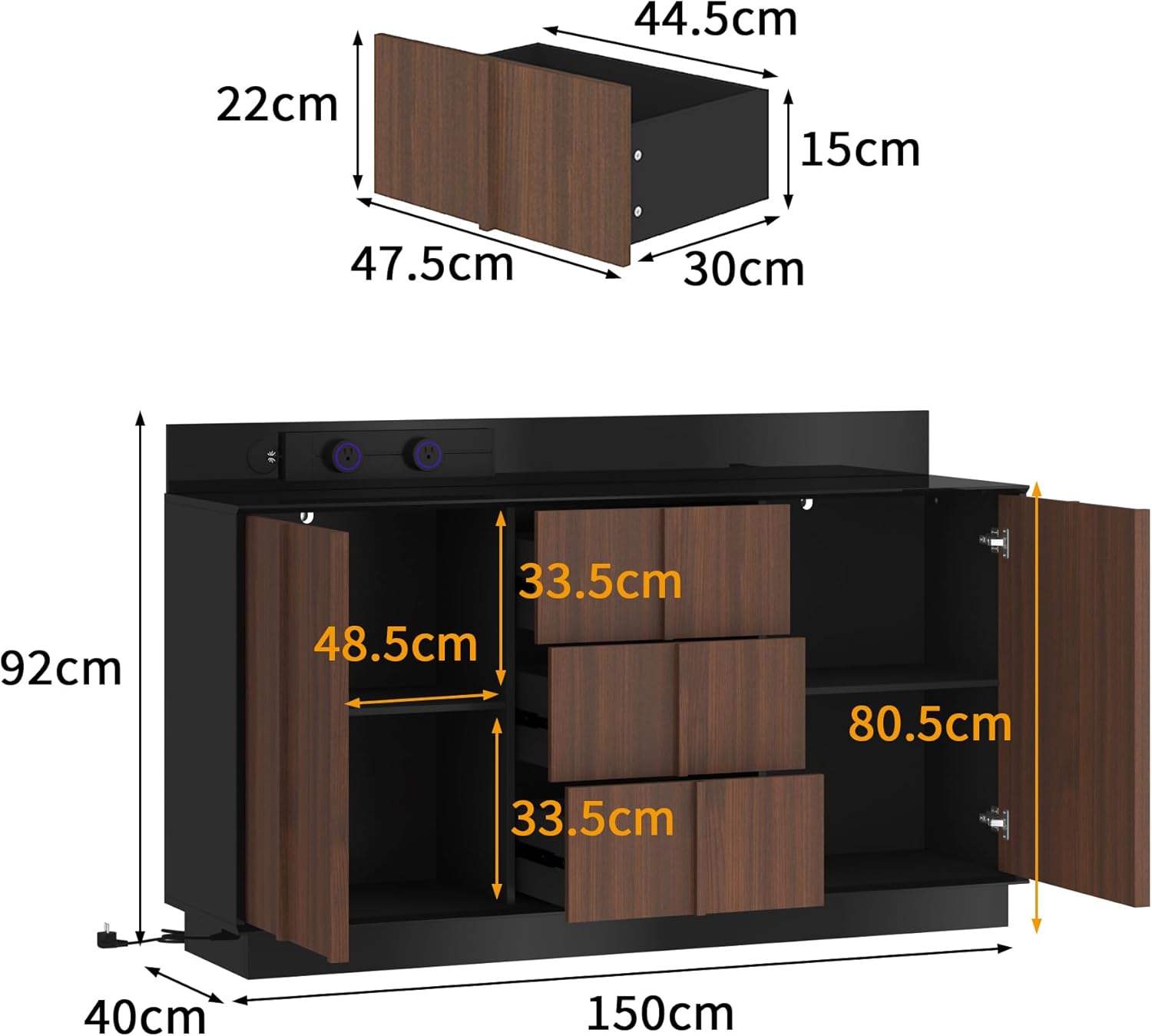 Sideboard mit Hochglanz-Schwarz & Holzoptik, 150 cm Aufbewahrungsschrank mit 3 Schubladen, 2 Türen, integrierter Steckdose & Kabelbox, Kommode aus Spanplatte/MDF, 92 cm hoch