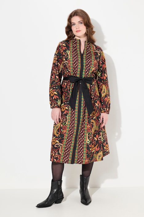 Midikleid, Landhaus-Druck, A-Linie, Kelchkragen, Langarm