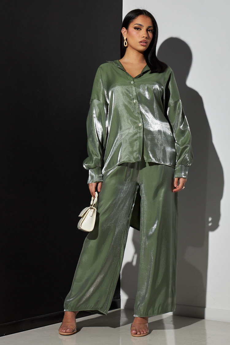 Ensemble 2 pièces chemise + pantalon satiné vert