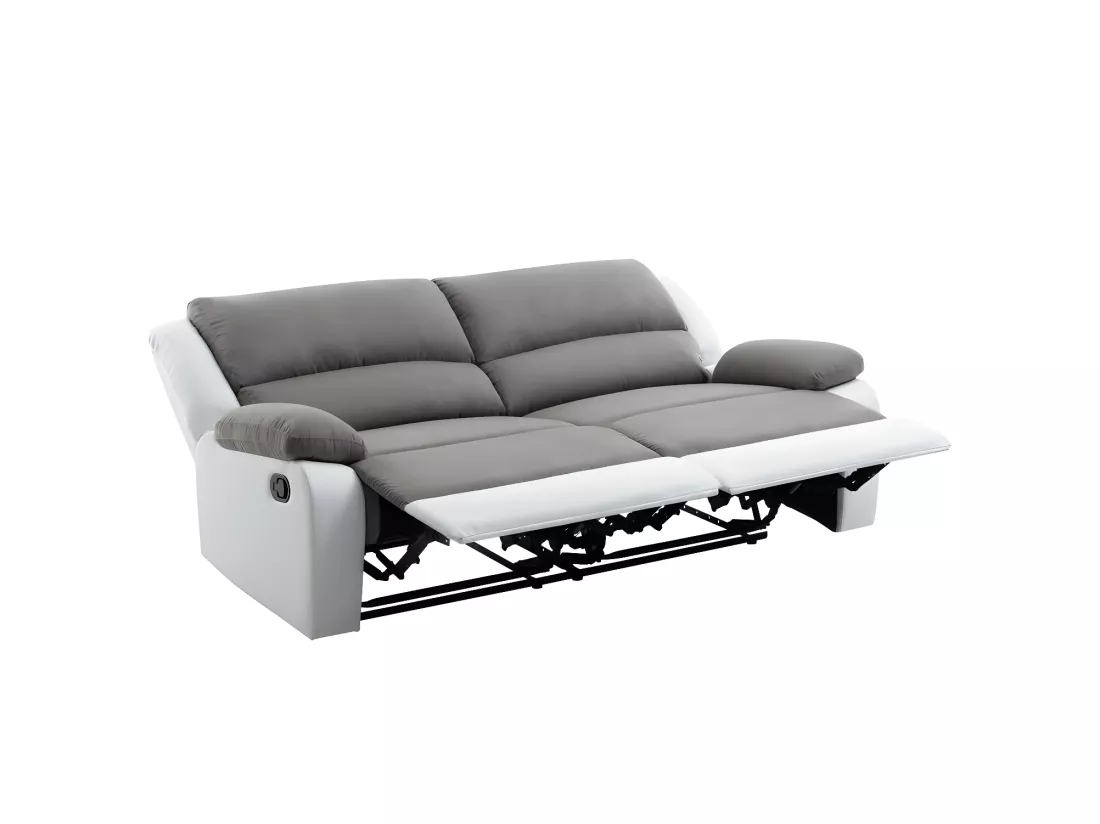 Canapé relax manuel 3 places avec 2 assises XXL Léo en microfibre et simili - Blanc/Gris - L193 x P93 x H96cm - Loungitude
