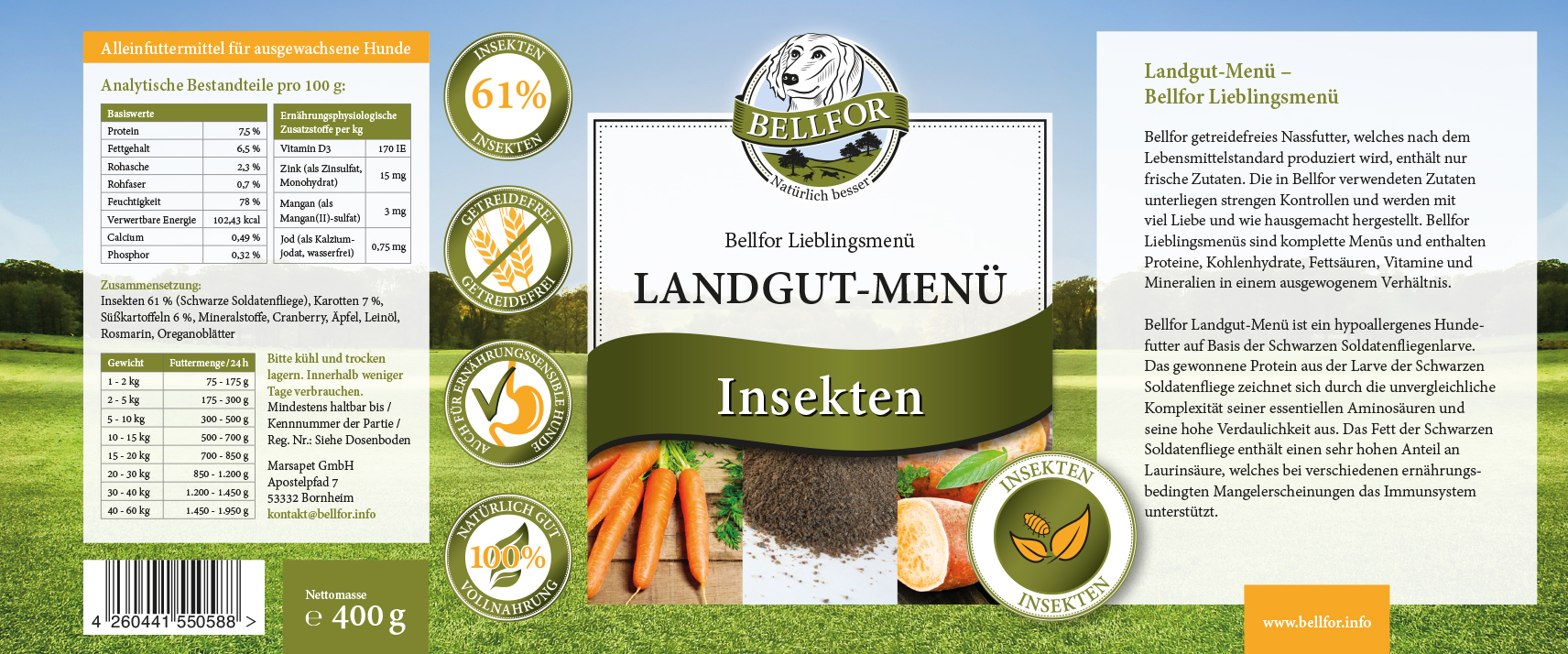 Sachet de départ avec poulet, agneau et insectes - menu en plein air 2x400g + menu de bruyère 2x400g + menu de fermier 2x400g