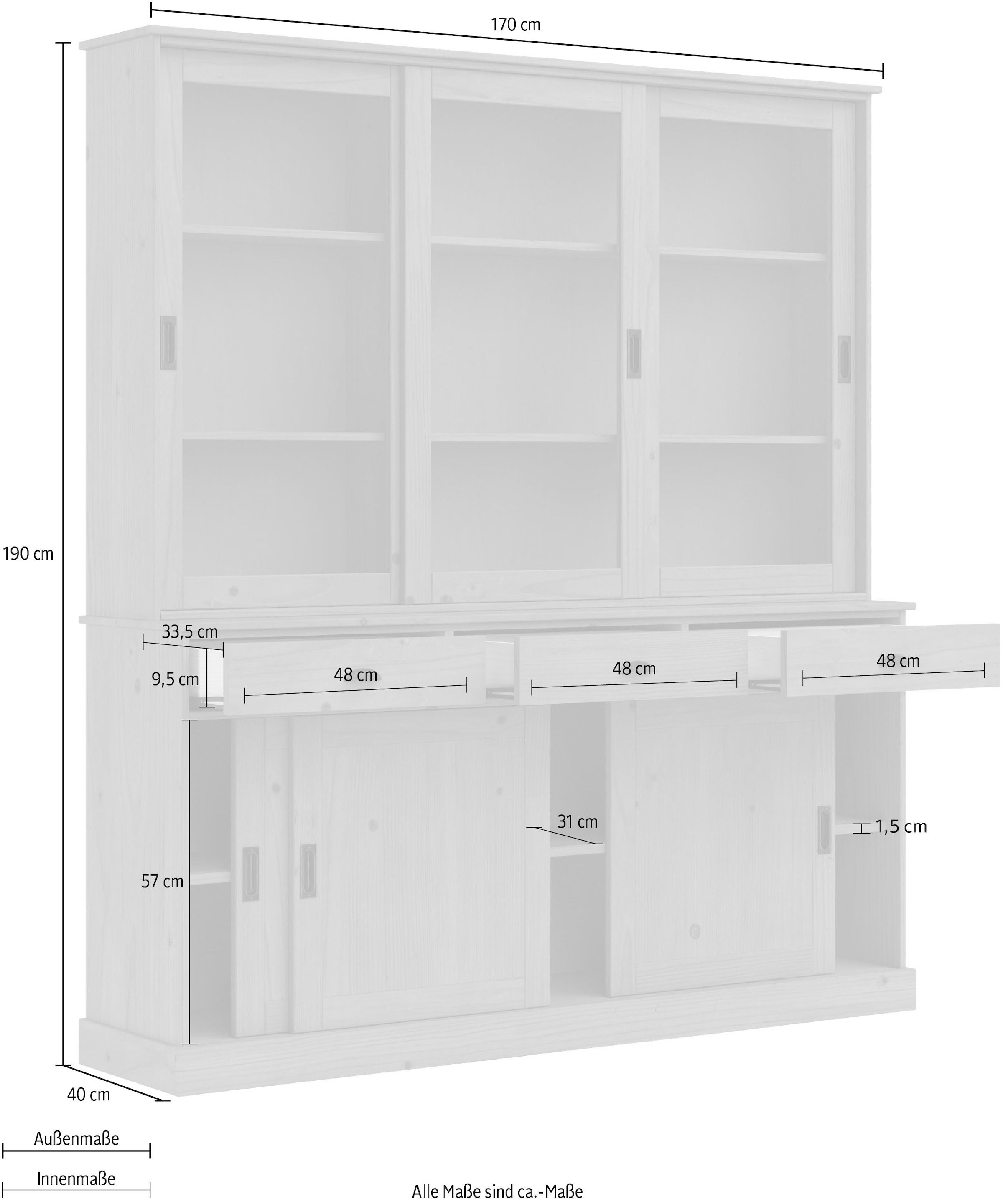 Home affaire Buffet »Schröder« mit 6 Schiebetüren, davon 3 mit Glaseinsatz,Br.170 cm, Kiefer massiv