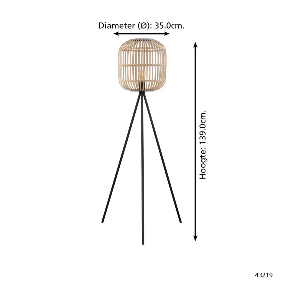 EGLO Bordesley Vloerlamp - E27 - 139 cm - Zwart/Natuur