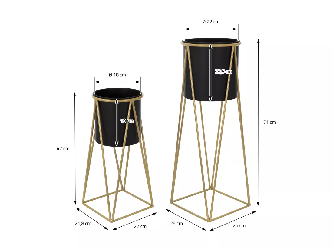 ML-Design Porte-fleurs set de 2, noir-or, 21,8x22x47cm/25x25x71cm, acier, support de pots de fleurs avec cache-pot, support de plantes en métal, support de pots de fleurs 2 pièces, pots de plantes Deko Colonne de fleurs Tabouret de fleurs