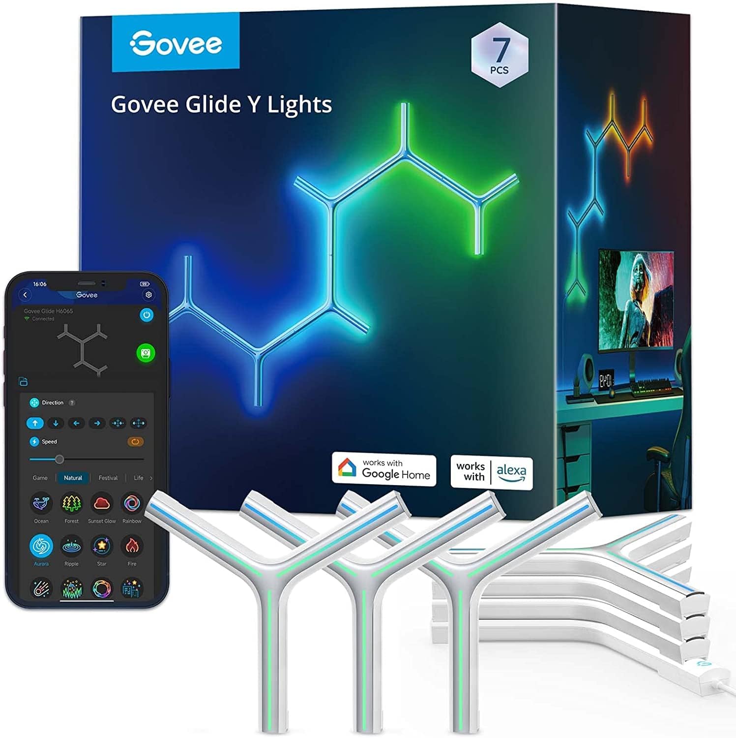 Govee Glide Y Lights, RGBIC LED Gaming , Smart Home DIY Kreative Deko Lights mit Musik Sync & 40+ Szenenmodi, Wi-Fi Wandleuchten für Wohnen, Schlafzimmer, 7er Pack