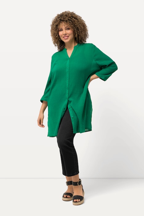 Longbluse, Krepp, Stehkragen, V-Ausschnitt, 3/4-Arm