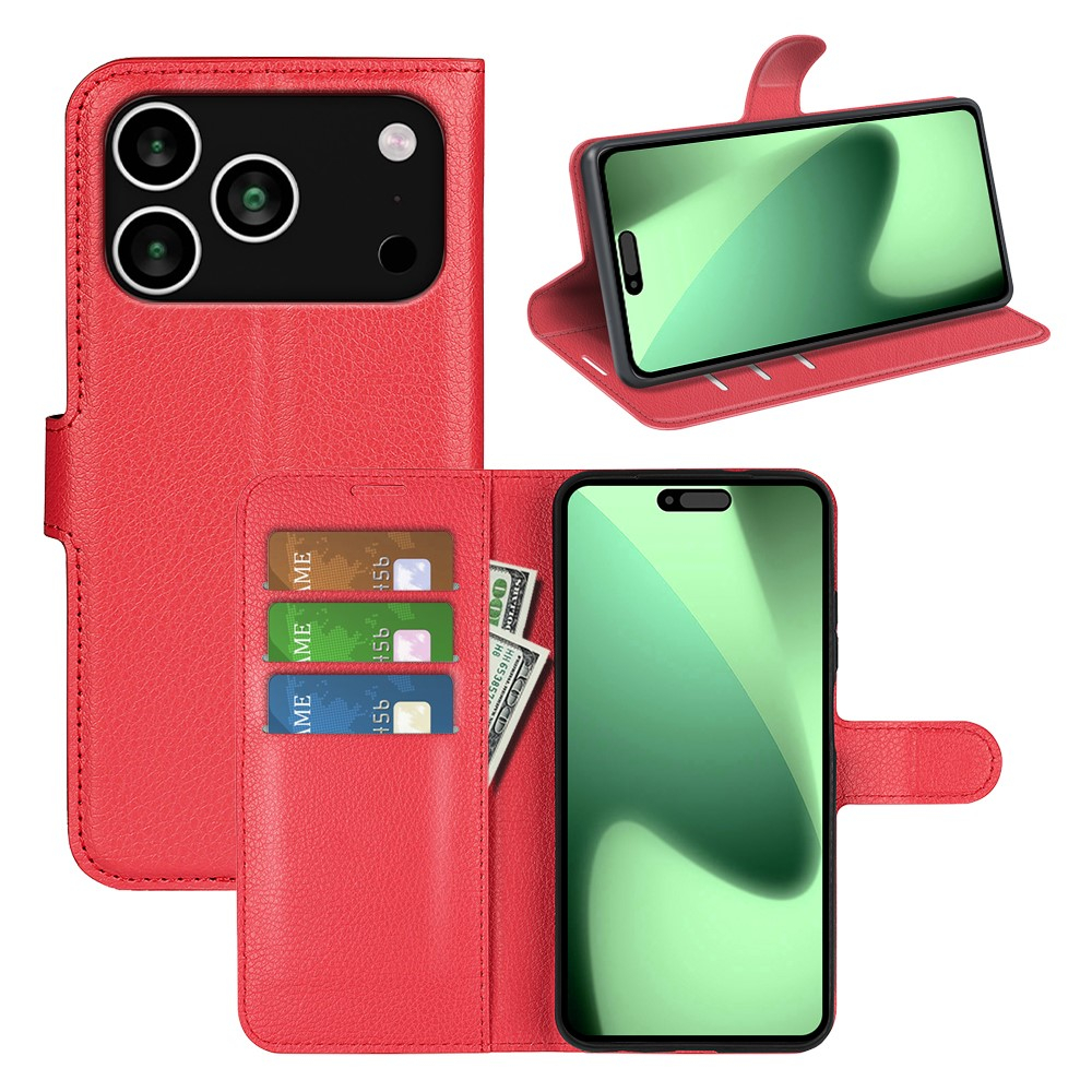 iPhone 17 Pro Max Leder Tasche Flip Cover Litchi Look - Rot