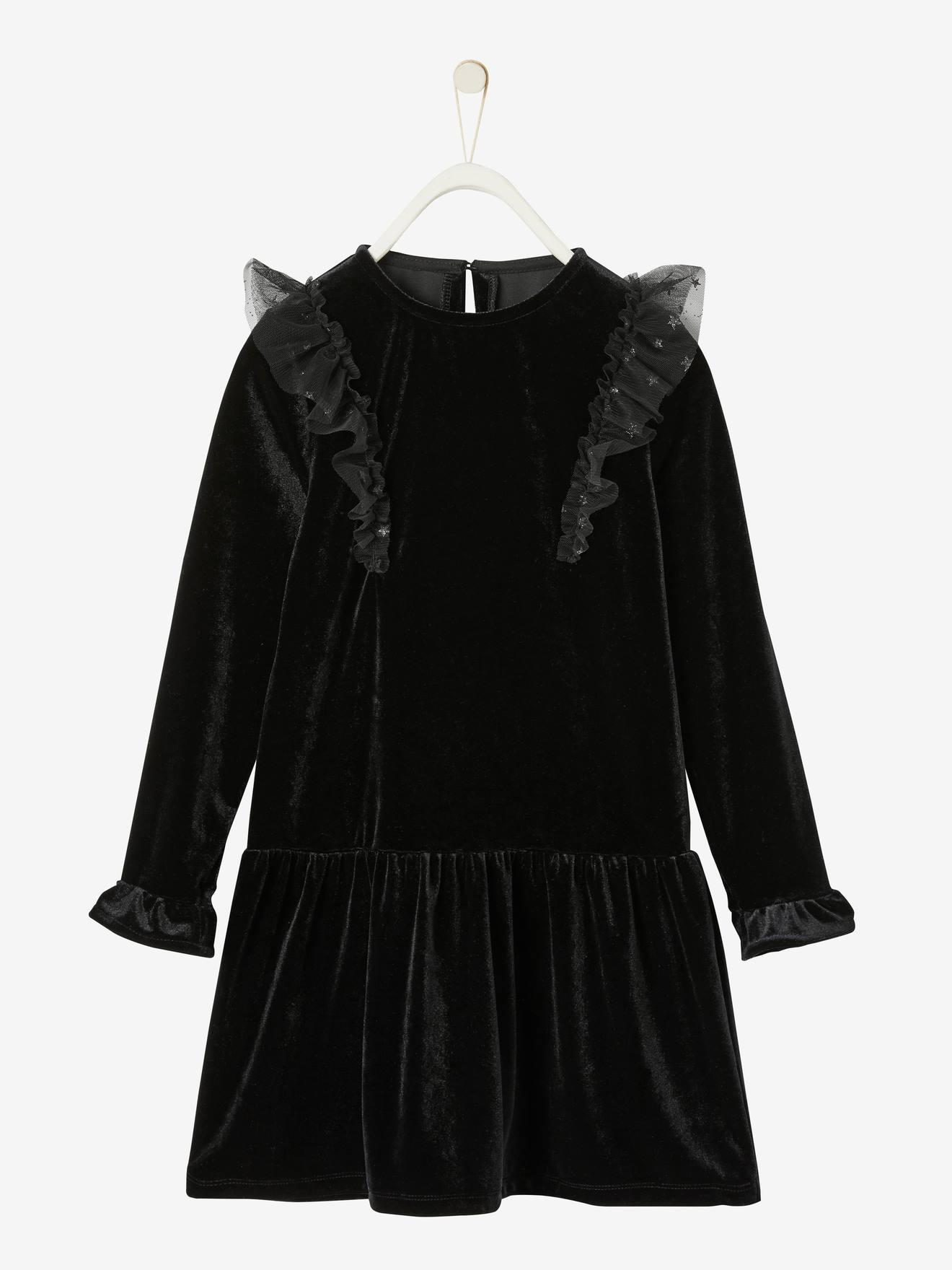 Vestido de festa liso de veludo preto escuro para meninas