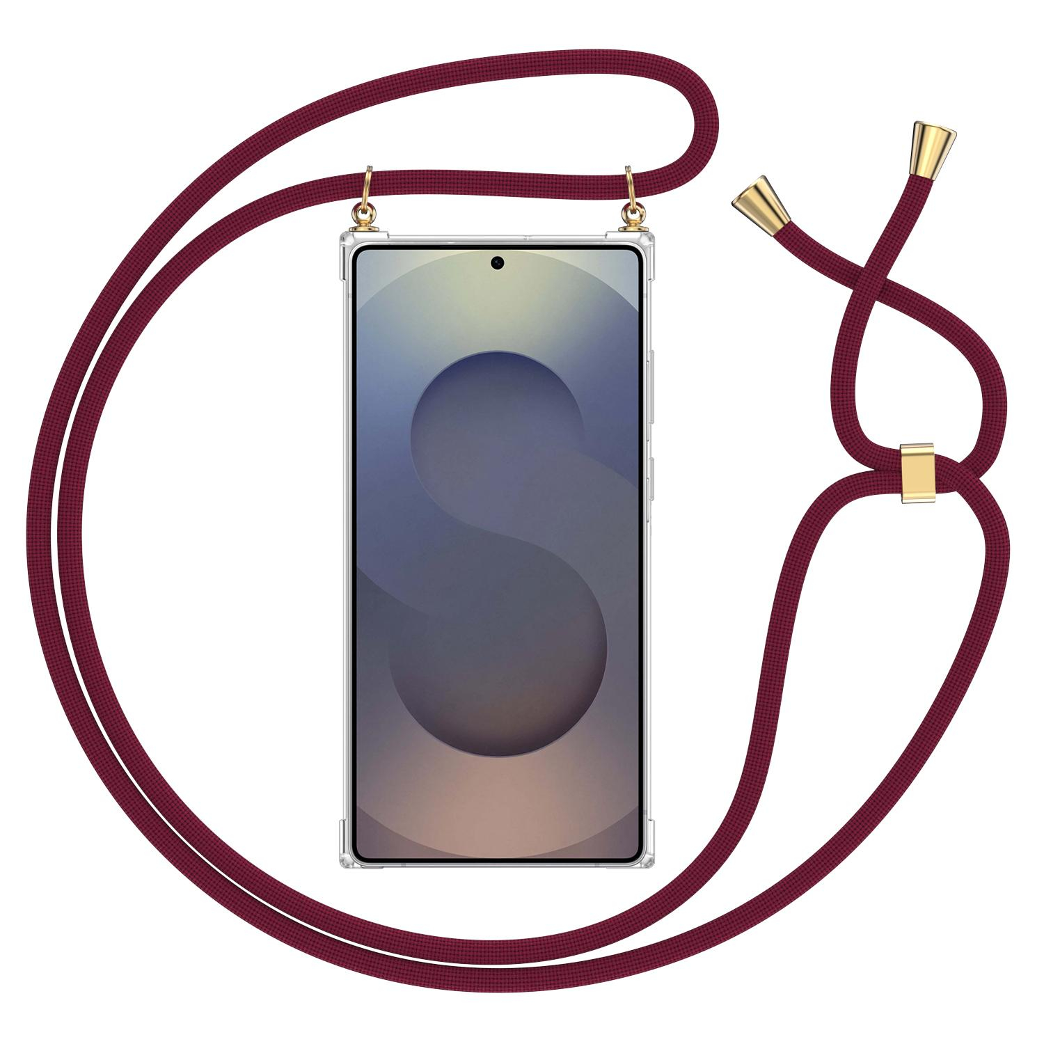 Samsung Galaxy S25 Ultra Necklace Gummi Hülle Air Cushion Fallschutz   Handykette (150cm) - Dunkelrot / Gold