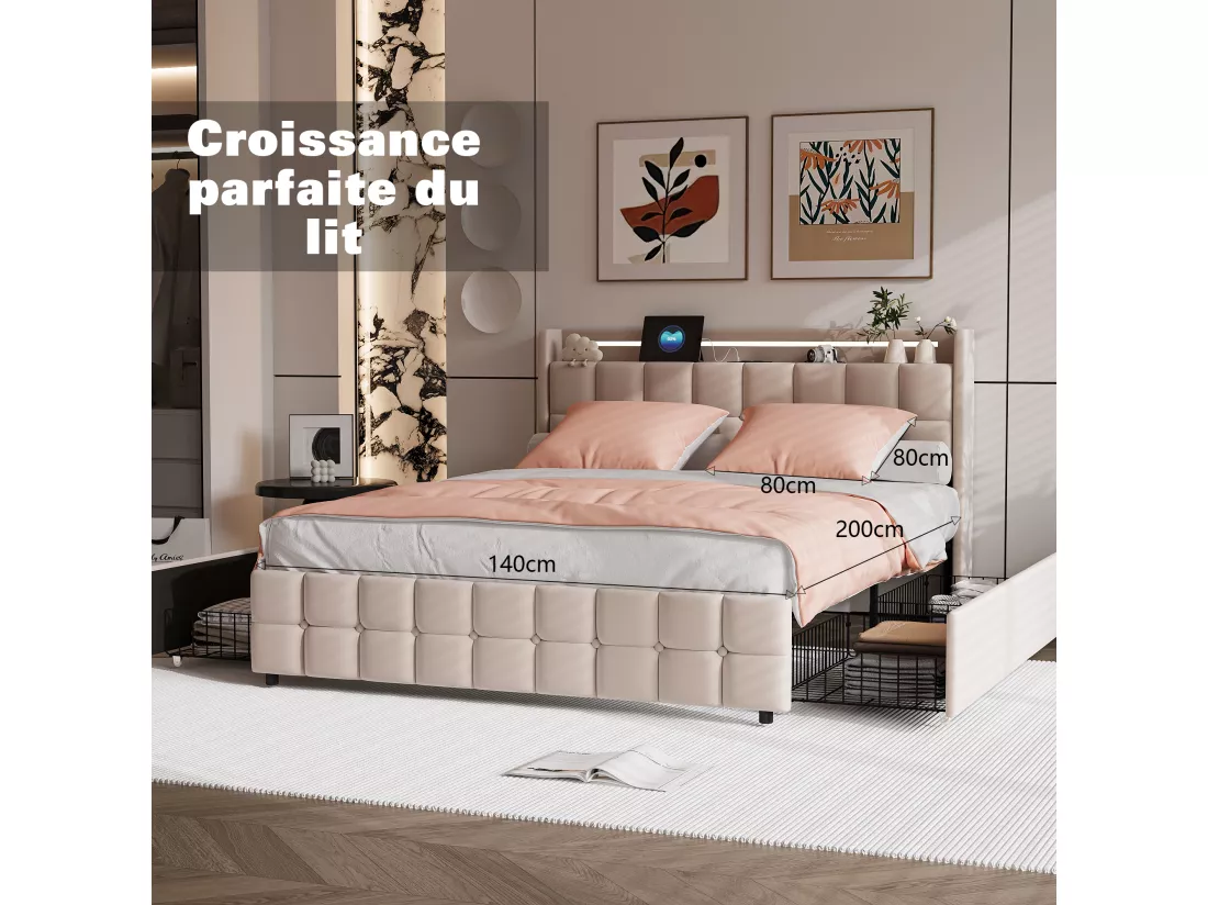 Parure de lit 3 pièces, d'oreiller*2(80 x 80),drap-housse(140 x 200)+housse de couette(140 x 210),Blanc+Rose,polyester