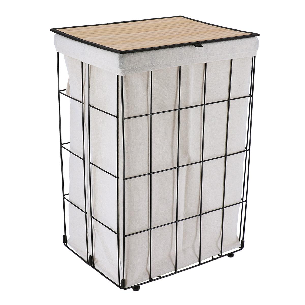 PANIERE A LINGE METAL PLIABLE COUVERCLE BAMBOU TISSU NATUREL